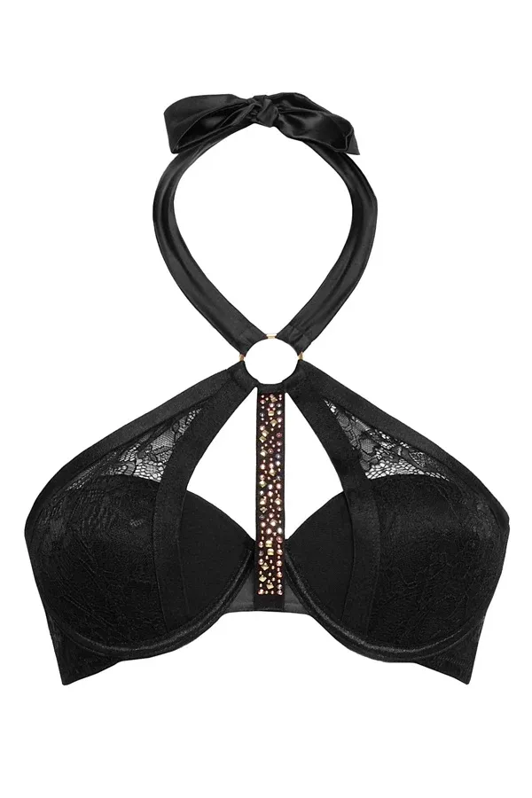 Чорний бюстгальтер-халтер з мереживом та декором — фото 3